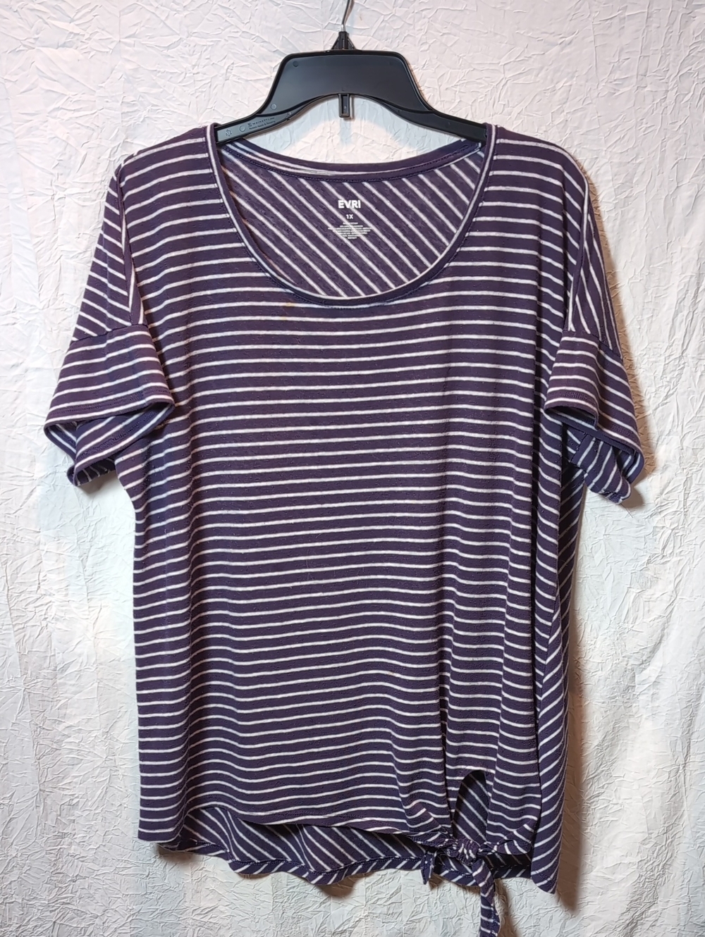 Plus Size  1X EVRI Purple and White Striped Tie-Hem Scoop Neck Tee